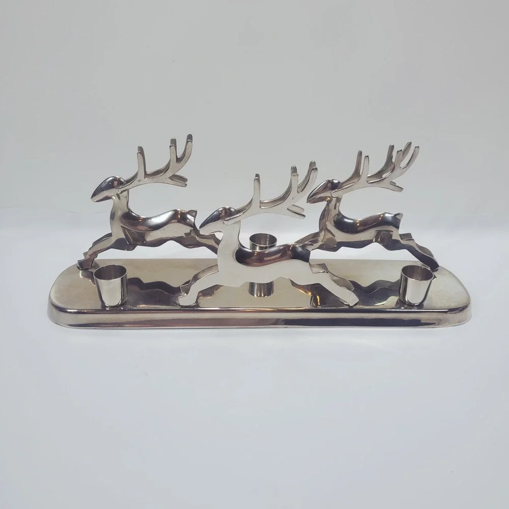 CRATE & BARREL Triple Taper Reindeer Polished Silver Candle Holder 13